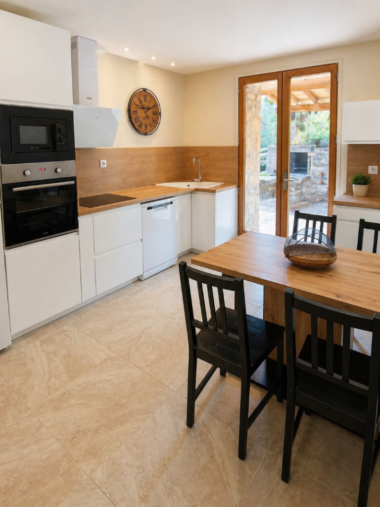 vu sur la cuisine donnant sur la porte d'entrée de l'appartement le Thibélie vhez les gîtes de chrysmo à Vallon Pont d'Arc tout équipée
