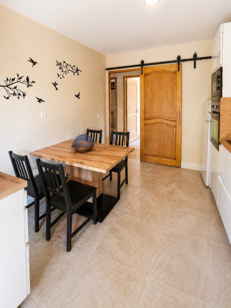 coin repas dans la cuisine de l'appartement le thibélie chez les gîtes de chrysmo en ardèche