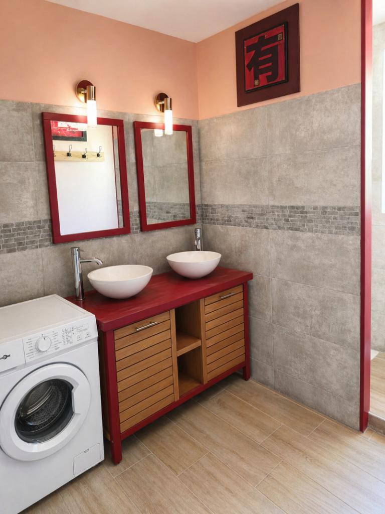 salle de bain double vasque et machine à laver dans l'appartement le Thibélie chez les gîtes de chrysmo à Vallon Pont d'arc