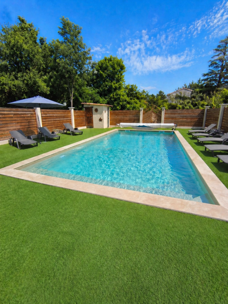 piscine des goites de chrysmo avec une dimension de 10mètres par 5 mètres équipée de transats et de parasols