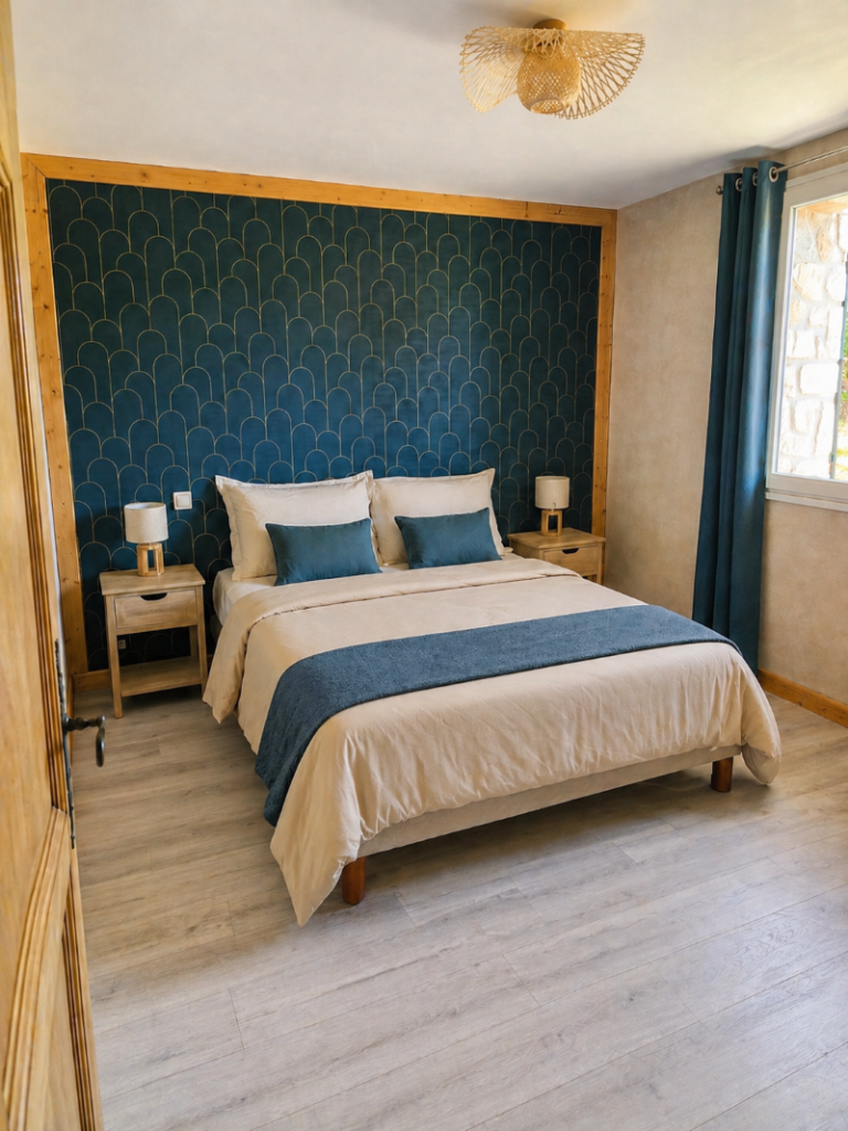 chambre dans l'appartement le thibélie avec 1 lit en 140 donnant sur la jardin des gîtes de chrysmo chambre zen et cocooning assurée en Ardèche