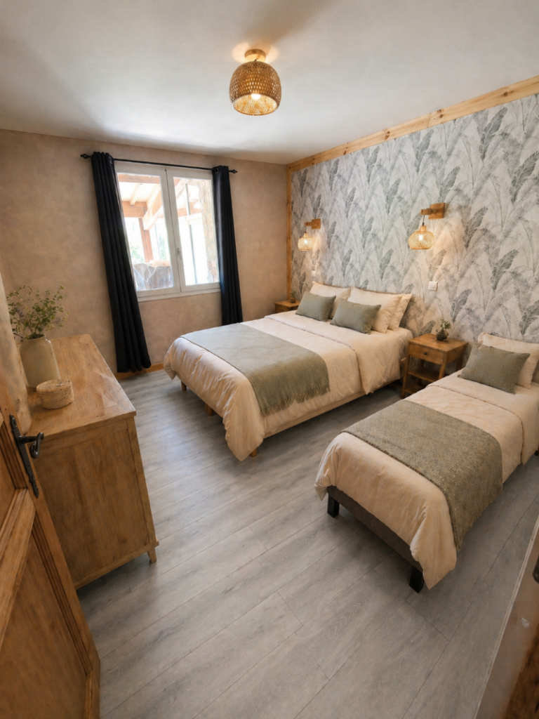 chambre avec 1 lit en 140 et 1 lit en 90 dans l'appartement le Thibélie chez les gîtes de >Chrysmo à Vallon Pint d'arc cocooning et détente assurée